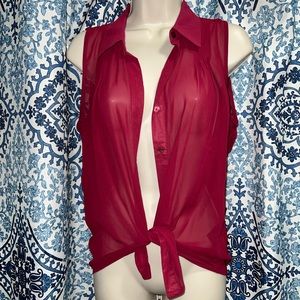 Womens Red Sheer Button Down Sleeveless Collared Shirt Size Medium EUC Like New